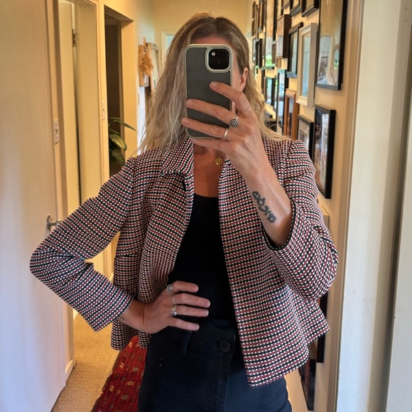 Classiques Entier 70’s Inspired Red Black Knit Woven Collared Blazer Jacket - Picture 10 of 12